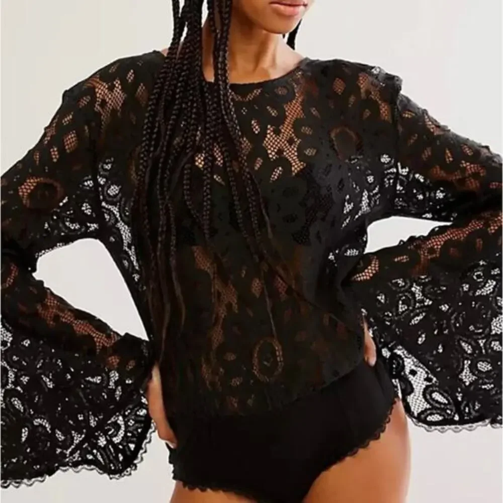 free people black lace flare sleeve‎ bodysuit